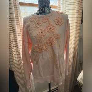 Vintage Retro pink sweater with beautiful detailed flowers and crystals size L